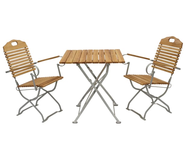 DEGAMO Kurgarten - Garnitur BAD TÖLZ 3-teilig (2x Armlehnensessel, 1x Tisch 70x70cm), Flachstahl verzinkt + Robinie, klappbar