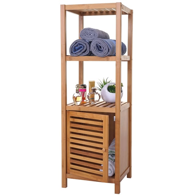 Badregal MCW-B18, Badezimmer Badschrank Standregal mit Tür, Bambus ~ 110x36x34cm