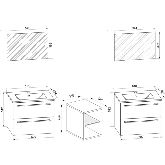 VCM 3-tlg. Set 2 Waschtisch, 2 Spiegel, 2 Waschbecken, 1 Mittelfach Keramik Waschbecken Unterschrank 155 cm Badmöbel Set Doppel Waschplatz - Badinos XXL
