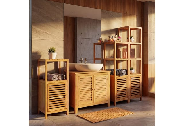 Badezimmerset MCW-B18, Komplett Badezimmer Badmöbel Badset Badschrank mit Tür, Bambus