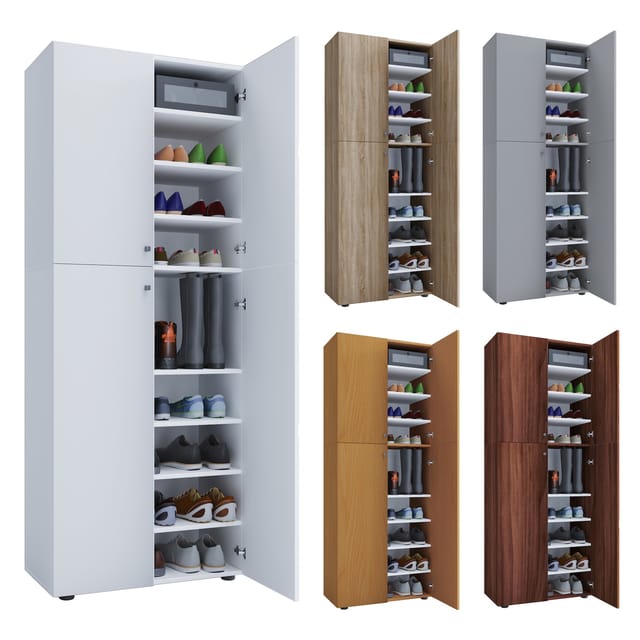 VCM Holz-Schuhschrank Maße: B. 70 x H. 184 x T. 40 cm Allzweckschrank 9 Fächer 4 Drehtüren - Lona
