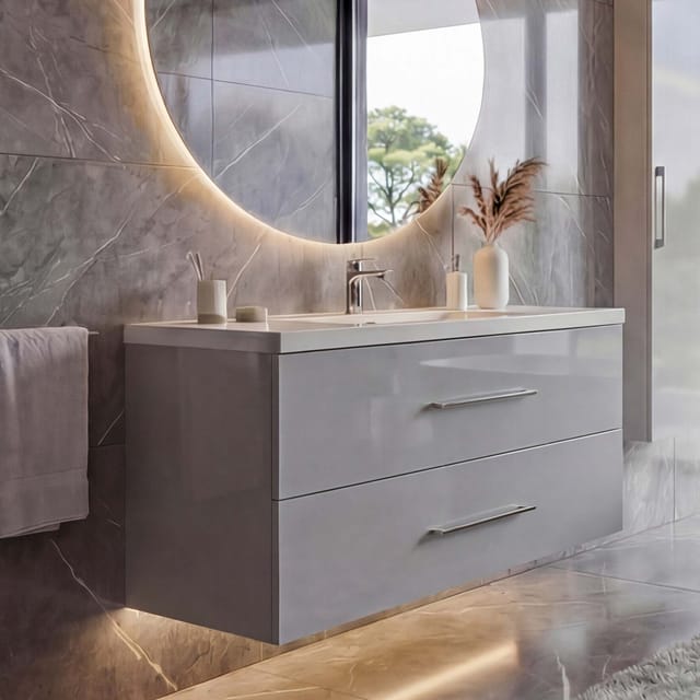 Premium Waschbecken + Unterschrank MCW-D16, Waschbecken Waschtisch, hochglanz 90cm ~ grau