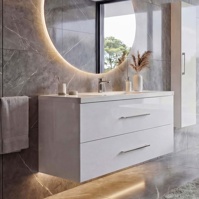 Premium Waschbecken + Unterschrank MCW-D16, Waschbecken Waschtisch, hochglanz 90cm ~ weiß