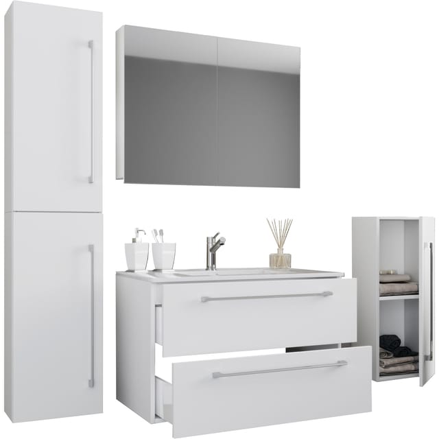 VCM 5-tlg. Set 1 Waschtisch mit zwei Schubladen, 1 Spiegelschrank, 1 Waschbecken, 1 Midischrank, 1 Hochschrank Keramik Waschbecken hängend Unterschrank 80 cm Badmöbel Set Waschplatz – Badinos