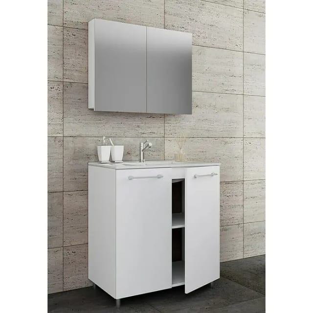 VCM 3-tlg. Set 1 Waschtisch mit Drehtüren, 1 Spiegelschrank, 1 Waschbecken Keramik Waschbecken Unterschrank 60 cm Waschplatz Badmöbel Set – Badinos