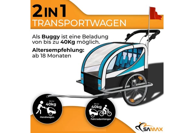 SAMAX 360° drehbarer Fahrradanhänger 2in1 Jogger - in Blau - Silver Frame