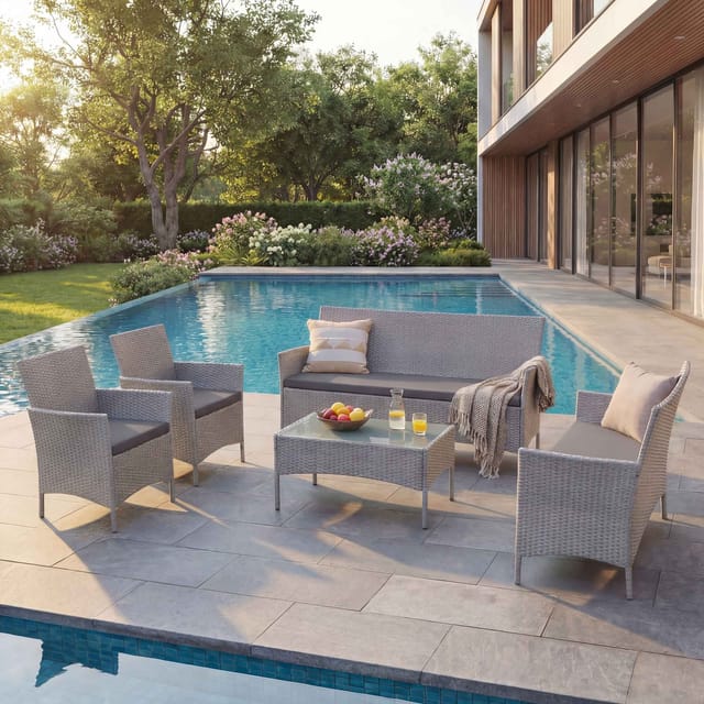 3-2-1-1 Poly-Rattan Garten-Garnitur Hamar, Lounge-Set Sitzgruppe Sofa ~ grau, Kissen anthrazit
