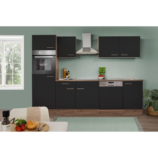 Respekta Küchenprogramm Eiche York Küchenzeile 280 cm inkl. E- Geräte & Mineralite Einbauspüle, schwarz