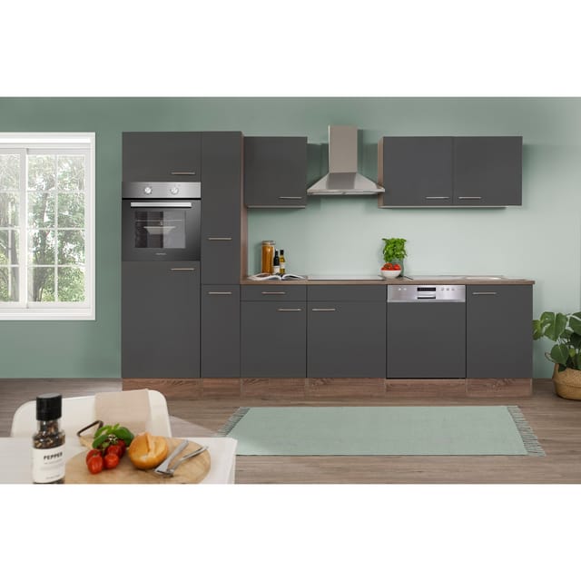 Respekta Küchenprogramm Eiche York Küchenzeile 310 cm inkl. E-Geräte & Mineralite Einbauspüle, grau