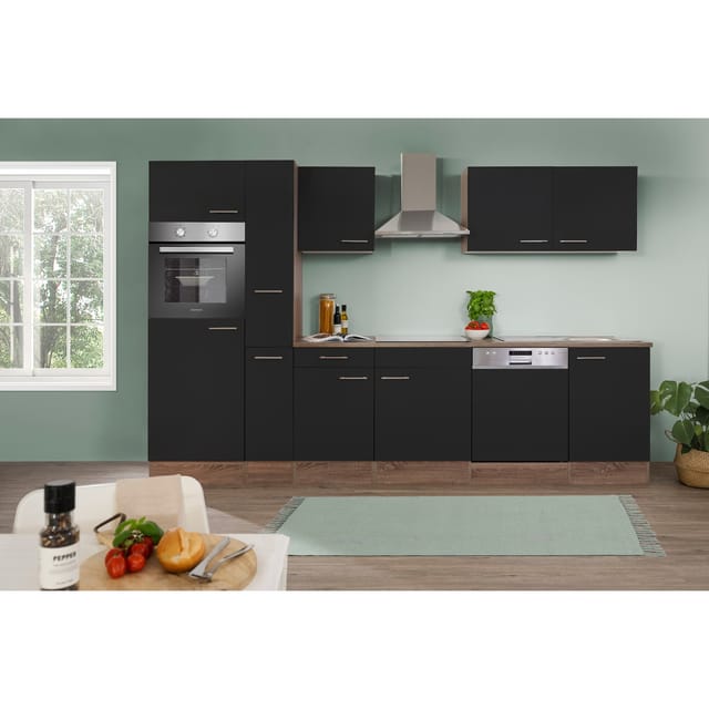 Respekta Küchenprogramm Eiche York Küchenzeile 310 cm inkl. E-Geräte & Mineralite Einbauspüle, schwarz
