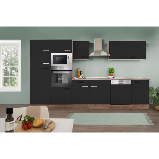 Respekta Küchenprogramm Eiche York Küchenzeile 340 cm inkl. E-Geräte & Mineralite Einbauspüle, schwarz
