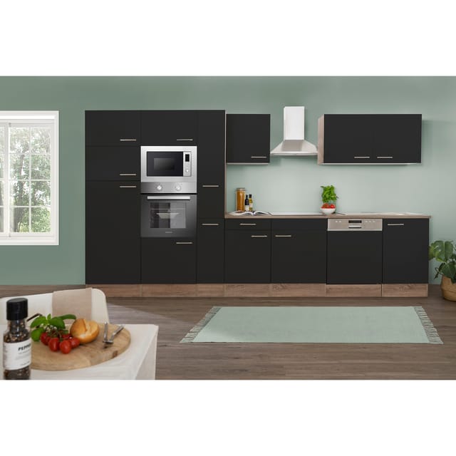 Respekta Küchenprogramm Eiche York Küchenzeile 370 cm inkl. E-Geräte & Mineralite Einbauspüle, schwarz