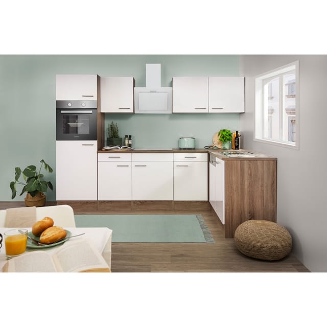 Respekta Küchenprogramm Eiche York Winkelküche 280 cm inkl. E-Geräte & Mineralite Einbauspüle, weiß