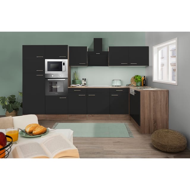 Respekta Küchenprogramm Eiche York Winkelküche 340 cm inkl. E-Geräte & Mineralite Einbauspüle, schwarz