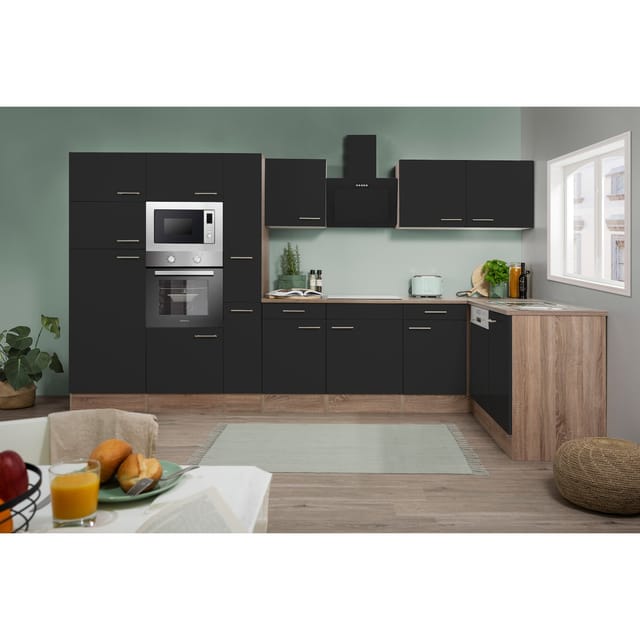 Respekta Küchenprogramm Eiche York Winkelküche 370 cm inkl. E-Geräte & Mineralite Einbauspüle, schwarz
