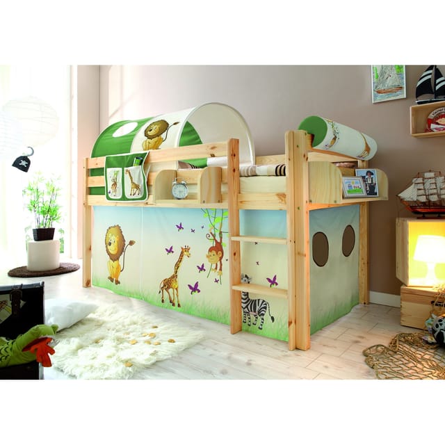 TiCAA Hochbett "Malte" Kiefer Natur Motiv Hochbett mit Leiter, 90 x 200 cm