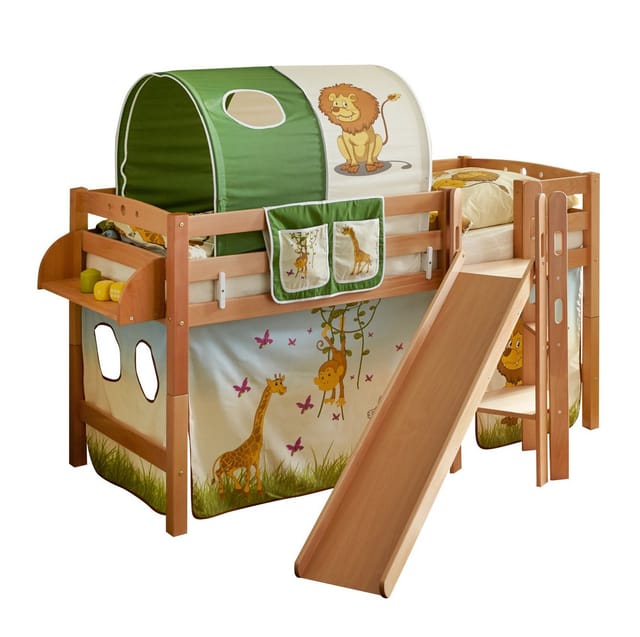 TiCAA Hochbett mit Rutsche Podestbett "Tino" Buche Natur Motiv, teilbar mit Farbauswahl