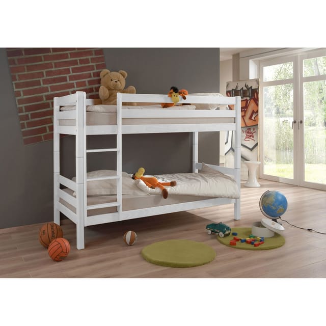 TiCAA TiCAA Etagenbett, Kinderbett, Stockbett Funktionsbett für Kinder mit Treppe & Zwei Liegeflächen teilbar aus Buche Massivholz weiß Bettgestell 90 x 200