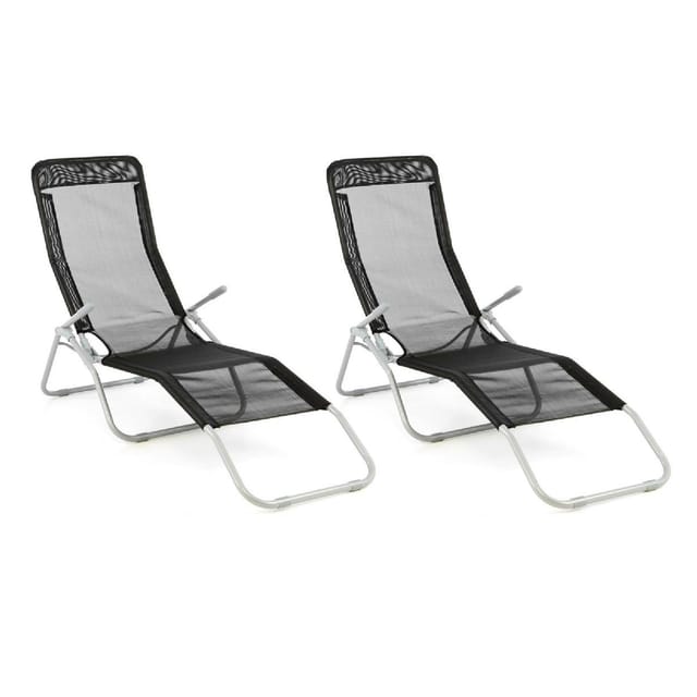 VCM Gartenliege 2er Set Bäderliege 160 cm Schwarz Armlehne Stahl Relaxliege klappbar