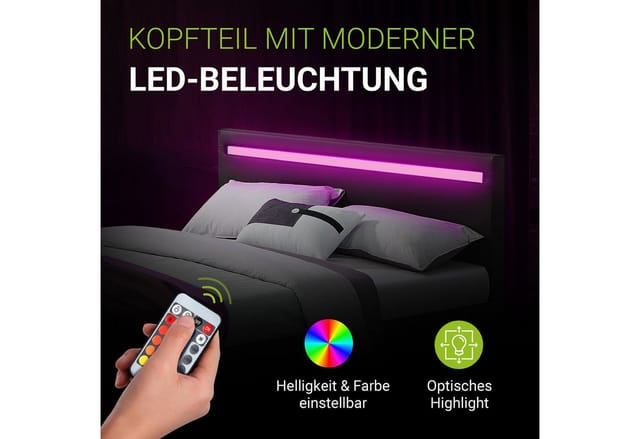 Juskys Polsterbett Paris 140 x 200 cm schwarz – Bett mit LED Beleuchtung, Lattenrost & Kopfteil