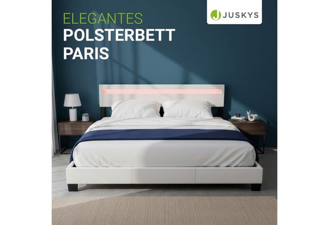 Juskys Polsterbett Paris 180x200 cm – Bett mit LED Beleuchtung & Lattenrost – Doppelbett weiß