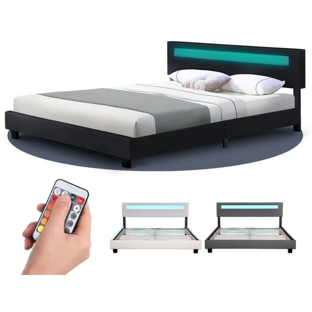 Juskys Polsterbett Paris 160x200 cm – Bett mit LED Beleuchtung & Lattenrost – Doppelbett schwarz