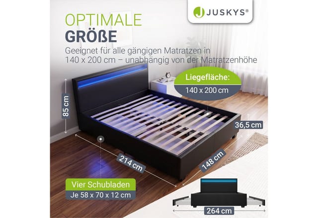 Juskys Polsterbett Lyon 140x200 cm mit Lattenrost, Bettkasten & LED Beleuchtung - schwarz