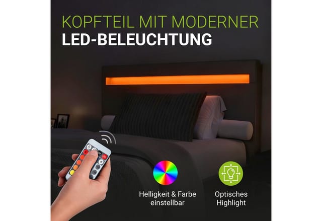 Juskys Polsterbett Paris 120 x 200 cm – Bett mit LED-Beleuchtung, Lattenrost & Kopfteil Schwarz