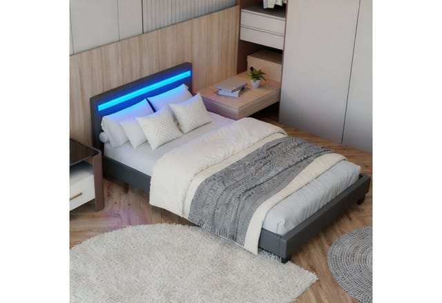 Juskys Polsterbett Paris 120 x 200 cm – Bett mit LED-Beleuchtung, Lattenrost & Kopfteil - Grau