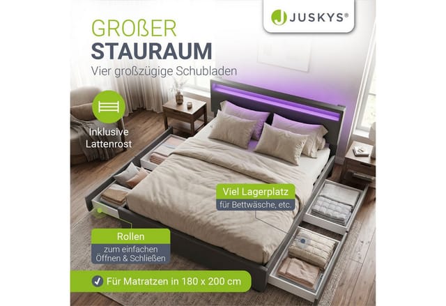 Juskys Polsterbett Lyon 180x200 cm mit Lattenrost, Bettkasten & LED Beleuchtung - grau