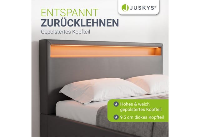 Juskys Polsterbett Lyon 140x200 cm mit Lattenrost, Bettkasten & LED Beleuchtung - grau