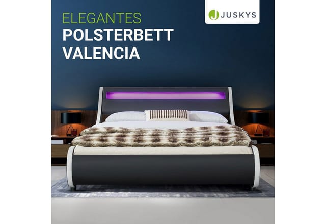 Juskys Polsterbett Valencia 140x200 cm- Bett mit Lattenrost & LED Beleuchtung – Jugendbett schwarz