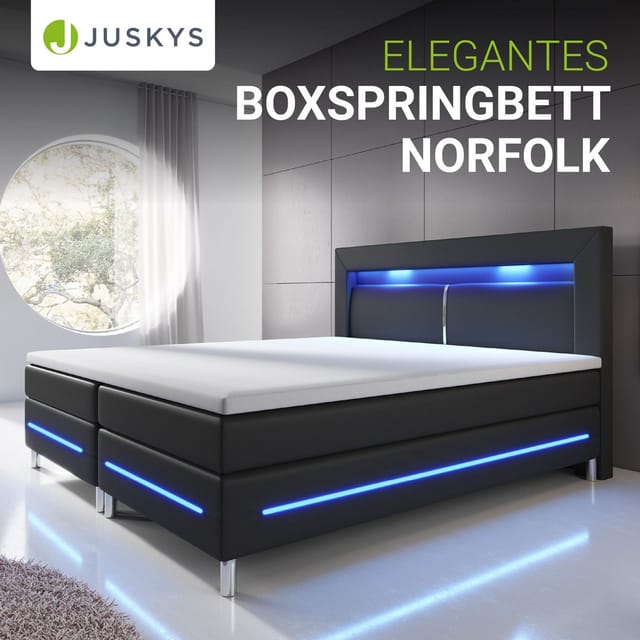 Juskys Boxspringbett Norfolk 140 x 200 cm – LED Beleuchtung, Bonell-Matratzen & Topper - schwarz