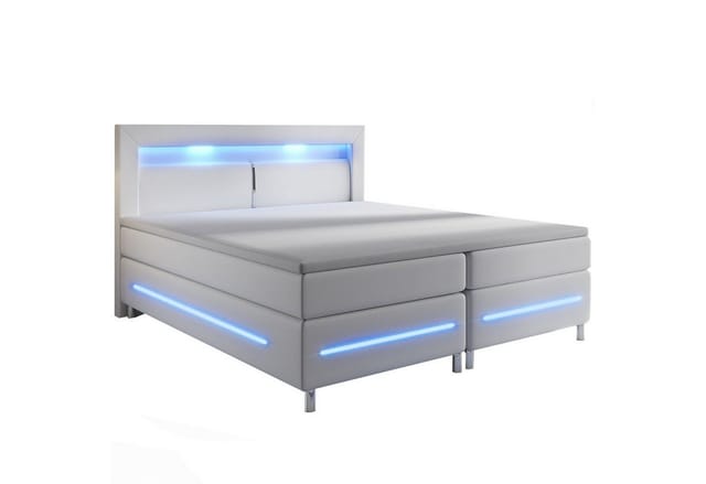 Juskys Boxspringbett Norfolk 180 x 200 cm – LED Beleuchtung, Bonell-Matratzen & Topper - weiß