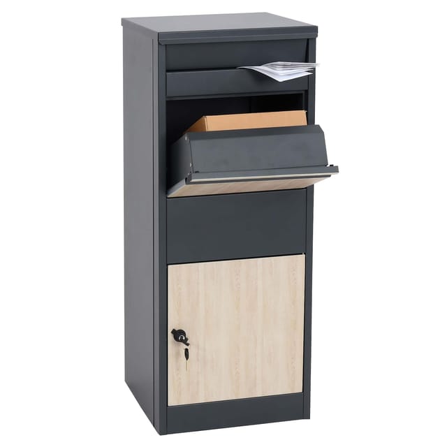 Paketkasten MCW-G80, Paketbox Standbriefkasten Briefkasten Größe L ~ verzinkt anthrazit, Holzoptik hell