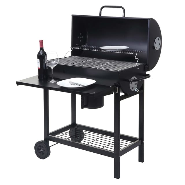 Grillwagen MCW-F70, Holzkohlegrill Standgrill Gartengrill mit Deckel Ablage, Stahl 103x93x70cm schwarz