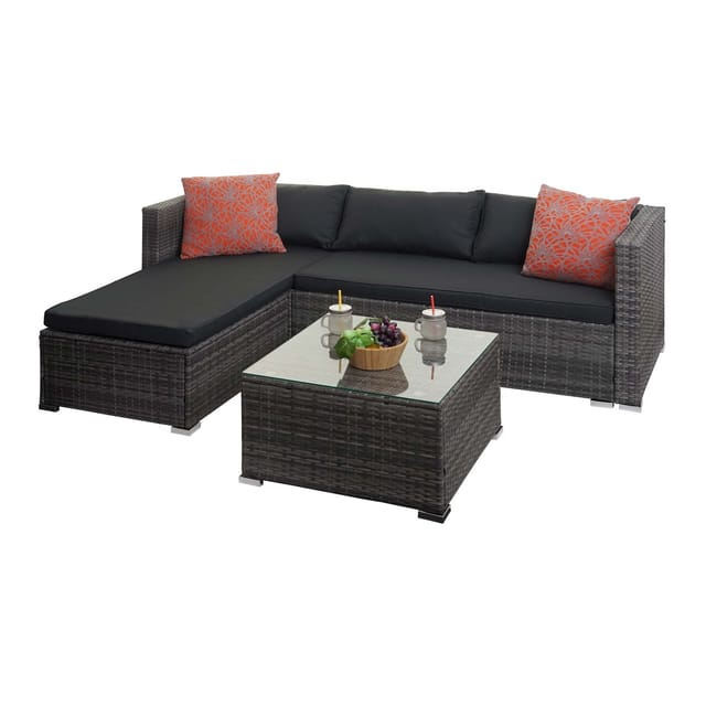 Poly-Rattan Garnitur MCW-F57, Balkon-/Garten-/Lounge-Set Sofa Sitzgruppe ~ grau, Kissen dunkelgrau mit Deko-Kissen
