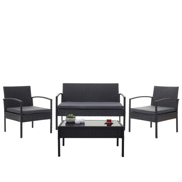 Poly-Rattan Garnitur MCW-F56, Balkon-/Garten-/Lounge-Set Sitzgruppe ~ schwarz, Kissen dunkelgrau