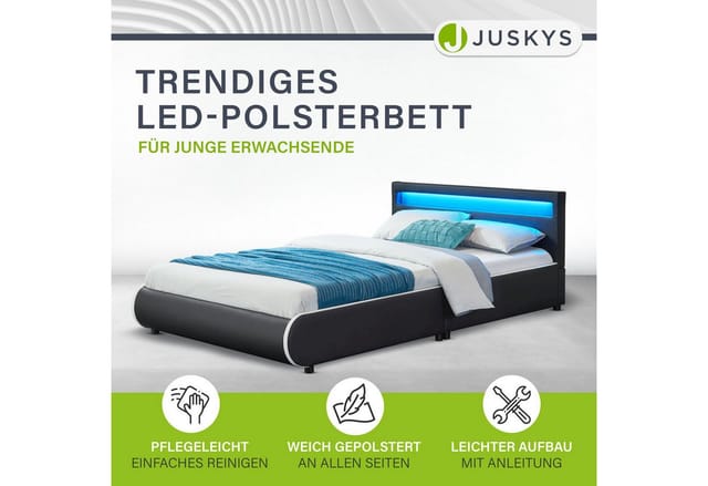 Juskys Polsterbett Sevilla 140x200 cm– Bett mit LED Beleuchtung & Lattenrost – Jugendbett schwarz