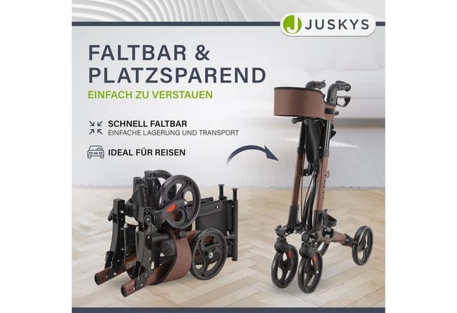 Juskys Rollator Vital faltbar, leicht & höhenverstellbar aus Aluminium bis 130 kg mit Sitz Braun
