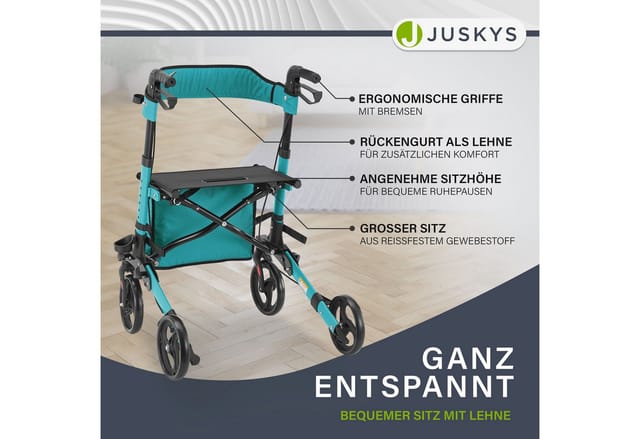 Juskys Rollator Vital faltbar, leicht & höhenverstellbar aus Aluminium bis 130 kg mit Sitz Petrol