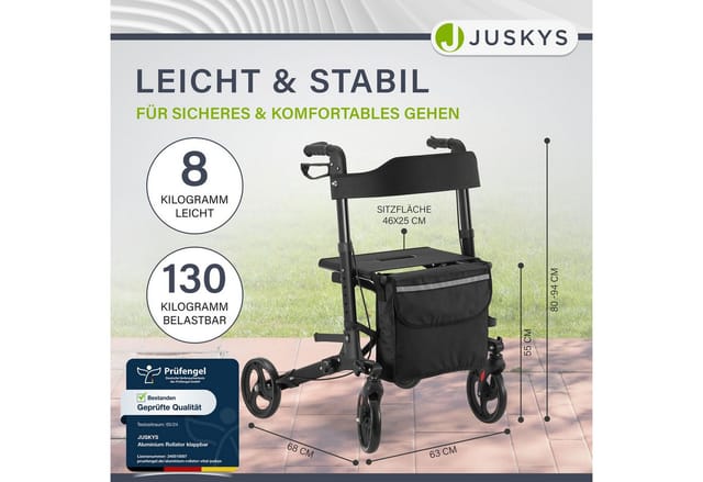 Juskys Rollator Vital faltbar, leicht & höhenverstellbar aus Aluminium bis 130 kg mit Sitz Schwarz