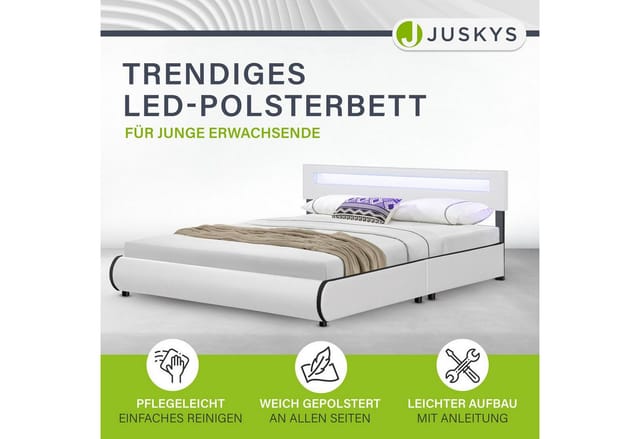 Juskys Polsterbett Sevilla 180x200 cm – Bett mit LED Beleuchtung & Lattenrost – Doppelbett weiß
