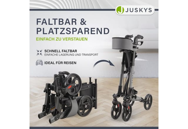 Juskys Rollator Vital faltbar, leicht & höhenverstellbar aus Aluminium bis 130 kg mit Sitz Grau