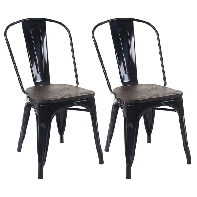 2er-Set Stuhl MCW-A73 inkl. Holz-Sitzfläche, Bistrostuhl Stapelstuhl, Metall Industriedesign stapelbar ~ schwarz