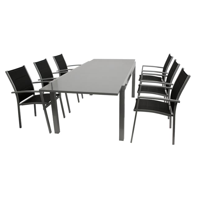 DEGAMO Garnitur MARINA 7-teilig, Aluminium silbergrau + Kunstgewebe schwarz