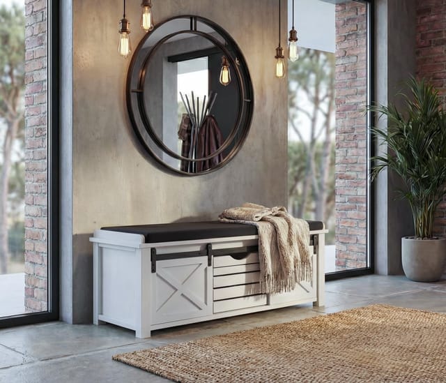 Sitzbank mit Staufächern MCW-H53, Polsterbank Sitz-Kommode, Shabby-Look Massiv-Holz Metall Stoff 43x102x33cm ~ weiß