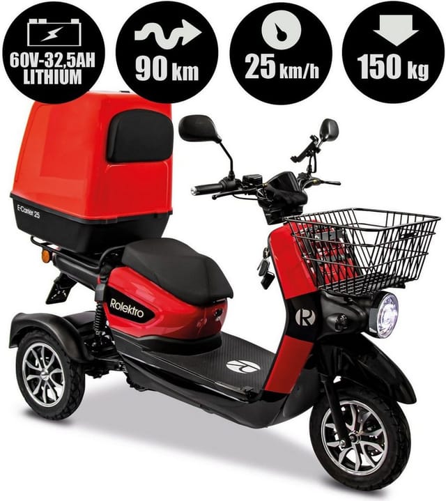 Rolektro, E-Carrier 25 V.3 Lithium, Rot, mit XXL-Koffer, 60V-32,5Ah Akku, 1000 Watt