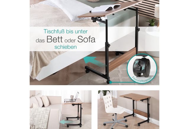 Büro- und Beistelltisch, höhenverstellbar 65,5-90 cm, mit Rollen, Holz-Optik