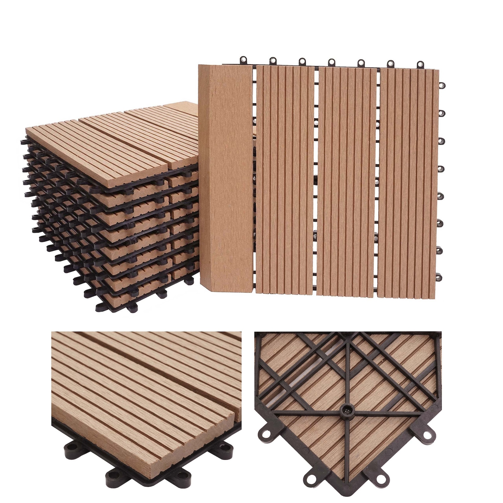 WPC Bodenfliese Sarthe + Abschluss, Holzoptik Balkon/Terrasse, 11x je 30x30cm = 1qm Premium ~ teak linear senkrecht